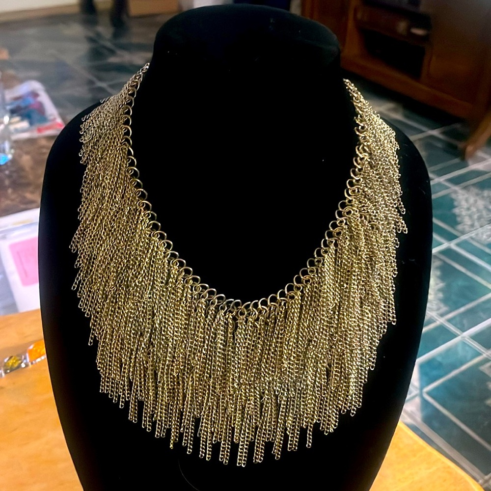 Fringe 7 layer silver metal chain necklace 17” long